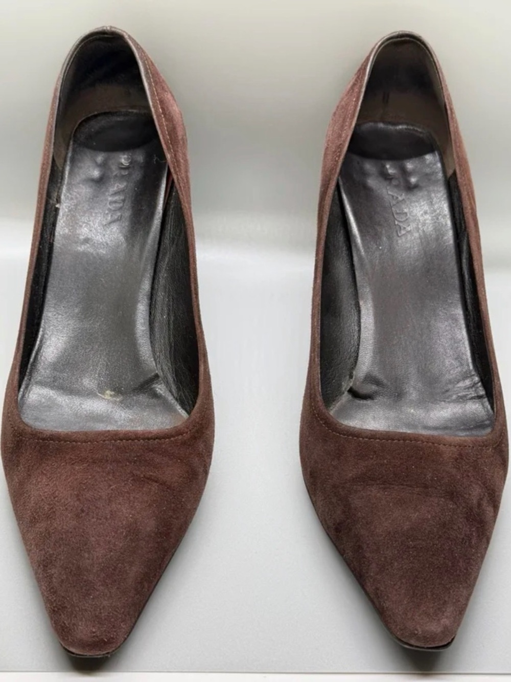 Prada Brown Suede Pointed-Toe Mid-Heel Pumps - Picture 2 of 3